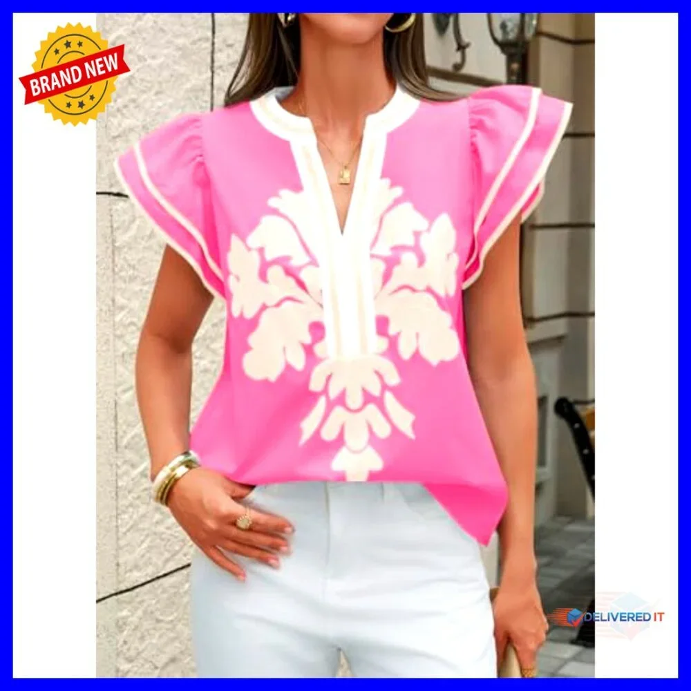 Ruffle Color Block Blouse Floral Print V Neck Pleated Loose Fit Summer Top - Picture 4 of 7